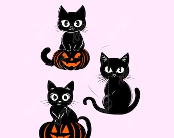 Gato negro sentado en una calabaza svg Gato de Halloween svg png eps dxf para Cricut, Silhouette o máquina de corte Descarga digital de Halloween espeluznante