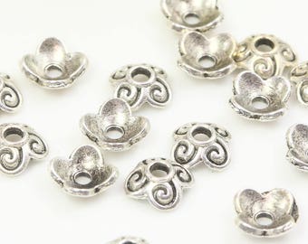 8mm Antique Silver Bead Caps, 60pc, Small Flower Bead Caps, 4 Petal Tibetan Style Bead Caps, Lead Free Bead Caps, Bead Ends