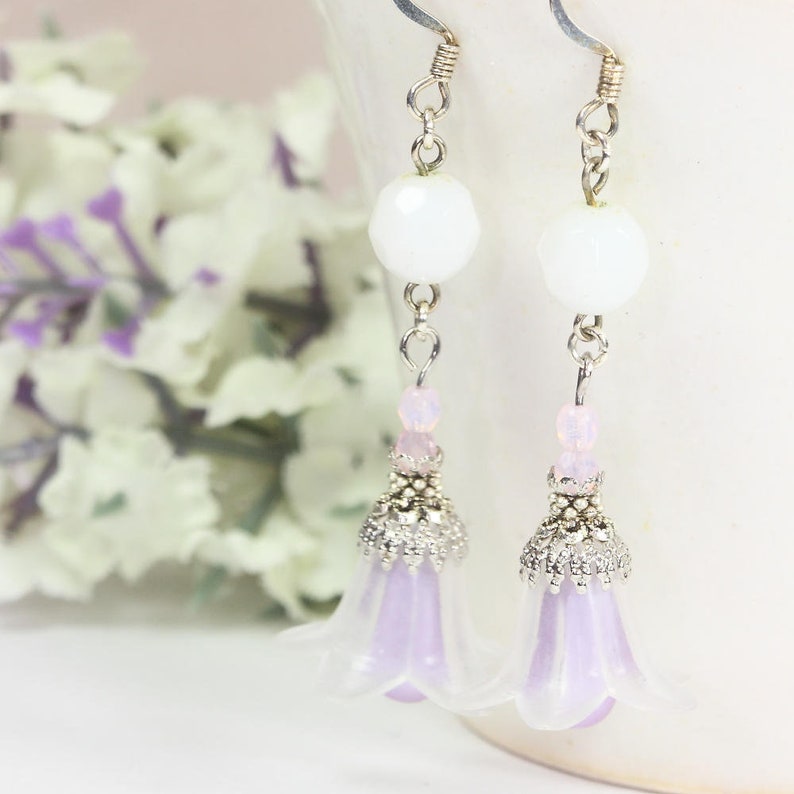 White Lily Earrings Lucite Earrings White Flower Earrings Wedding Earrings Trumpet Lily Dangles White Lily Drops Bridesmaids Gift