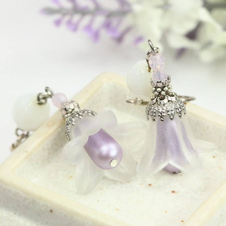 White Lily Earrings Lucite Earrings White Flower Earrings Wedding Earrings Trumpet Lily Dangles White Lily Drops Bridesmaids Gift