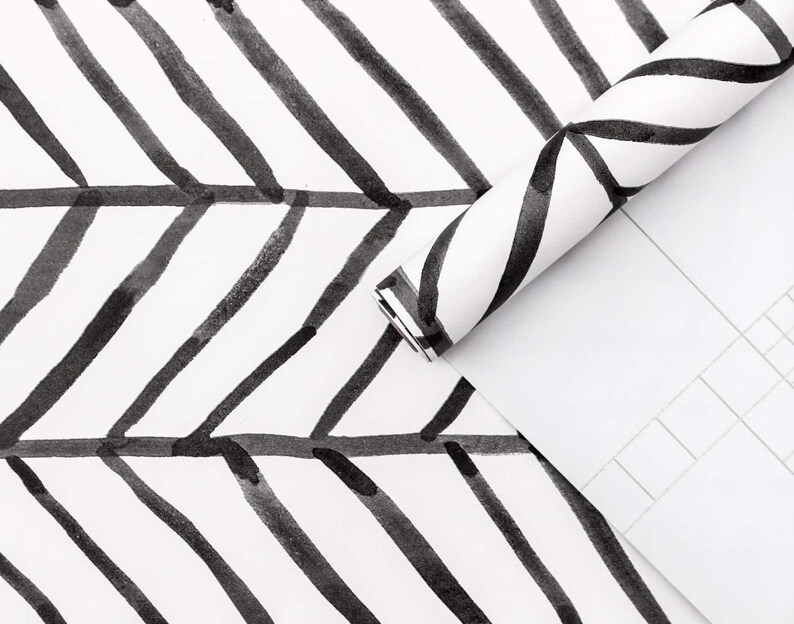 Modern Stripe Peel and Stick Wallpaper Herringbone 17.7in X 9.8ft Black White Vinyl Self