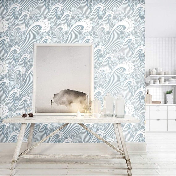 Blue White Waves Peel and Stick Wallpaper Handpainting Seamless