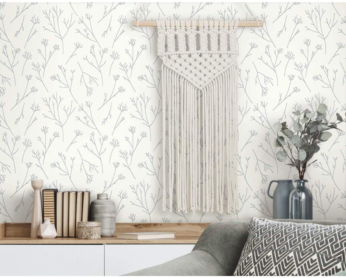 Black and White Twig Hygge Herringbone Peel and Stick Wallpaper Floral