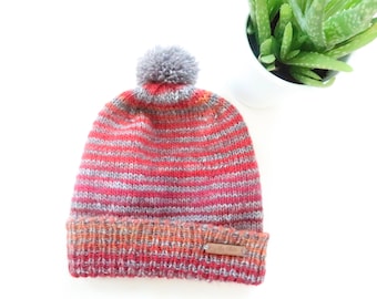 Multi-coloured Beanie / Baby Child Beanie / Pom Pom / Bobble Hat / Stripes / Winter Fashion / Headgear / Handknit / Handmade / Unisex