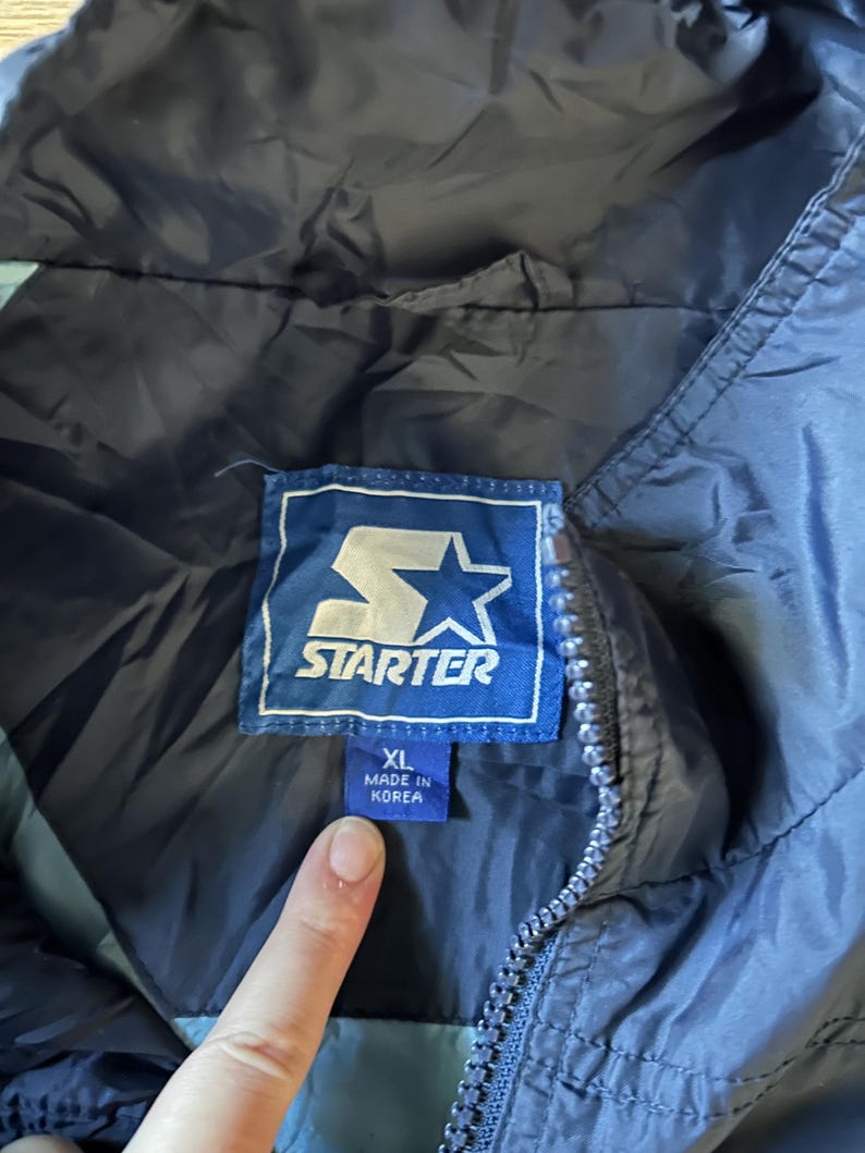 May include: Close-up of a navy blue Starter jacket with a blue and white logo tag. The tag reads "STARTER" and "XL MADE IN KOREA". The jacket has a zipper and a light blue lining.