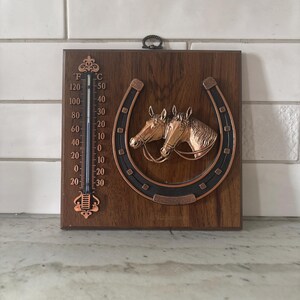 Vintage horse and horse shoe western and copper style thermometer wall hanging