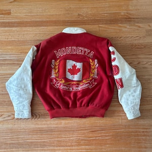 Vintage 90s Red and White Mondetta Canada Wool and leather jacket with big back patch Size Large / XL