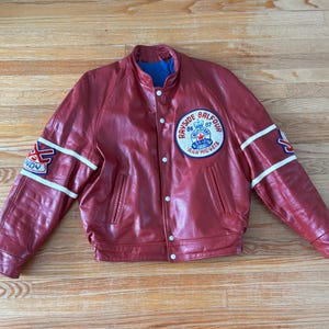 Vintage 80s Red leather Canadian hockey jacket with chenille patches size Large (44)