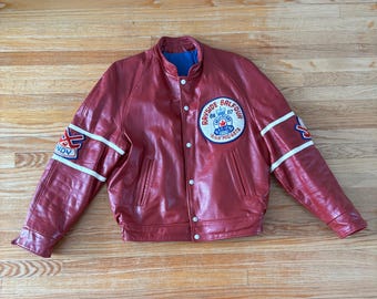 Vintage 80s Red leather Canadian hockey jacket with chenille patches size Large (44)