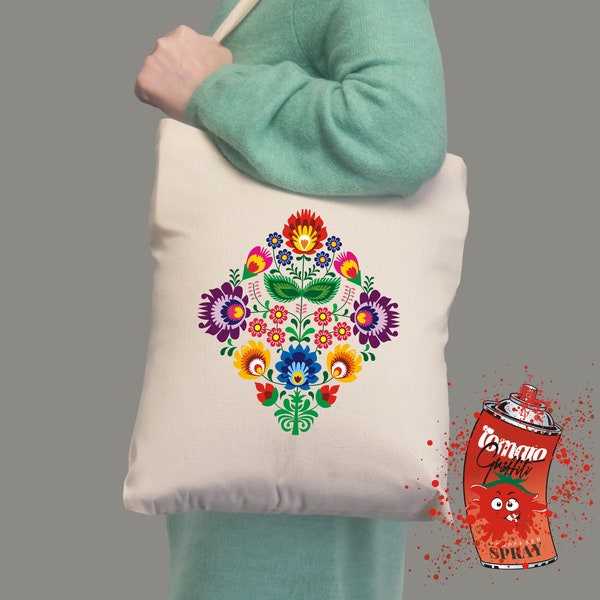 Polish Folklore "Lowicz" square  - beautiful composition on Tote Bag. Torba z wzorem łowickim