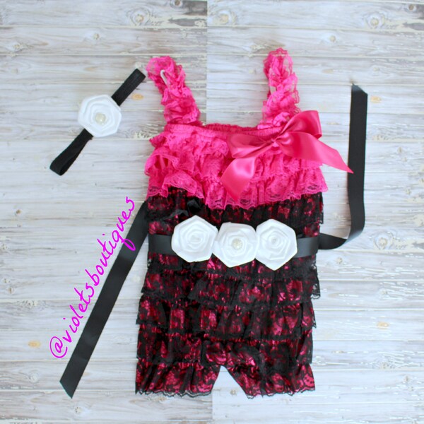 SALE..Black and hot pink lace romper..baby girl lace romper...Photography outfit