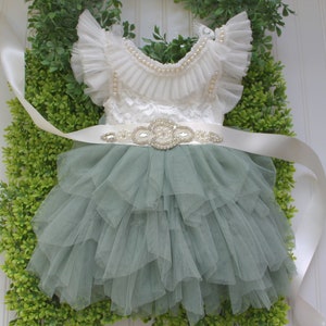 Sage Green tule dress...Pearl dress..fancy dress..lace dress...1st birthday dress...Flower girl dress.