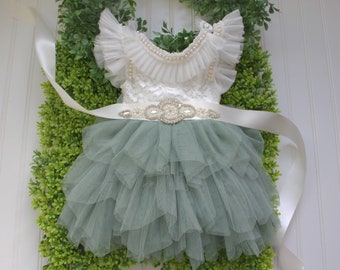 Sage Green tule dress...Pearl dress..fancy dress..lace dress...1st birthday dress...Flower girl dress.
