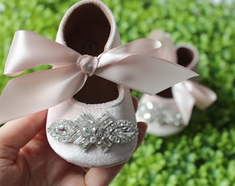 Dusty Pink Velvet Baby Shoes: Rhinestone Christening Shoes