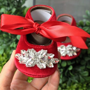 Red Velvet shoes..baby girl shoes..luxury shoes..crystal shoes..soft sole shoes..1st birthday shoes