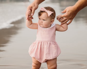 Dusty pink linen romper...baby girl romper...Rompers for girls..take home outfit...1st Birthday outfit.