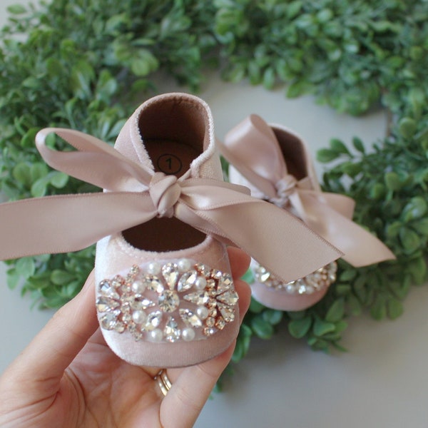 Dusty pink velvet shoes..baby girl shoes..pearl and rhinestone shoes. Custom shoes