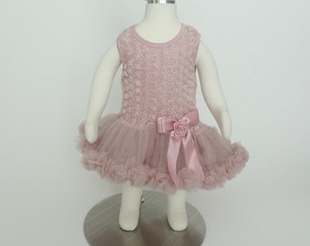 Dusty pink fluffy dress..dusty pink rosette dress..baby girl dress...1st birthday dress.