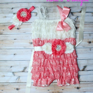 Coral and ivory baby romper set...baby girl outfit...newborn outfit....1st birthday outfit...baby romper...photography outfit.