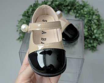 Tan and black baby girl shoes...Shoes for girls..custom made shoes..bling shoes..Marry jane shoes