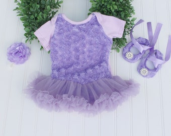 Lavender baby girl dress...Newborn take home outfit...rosette dress..fluffy dress