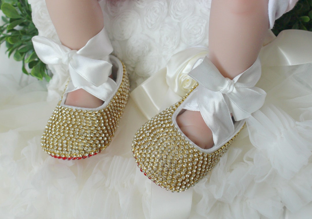 Gold Rhinestone Baby Shoes, Red Bottoms, Christening Shoes - Etsy