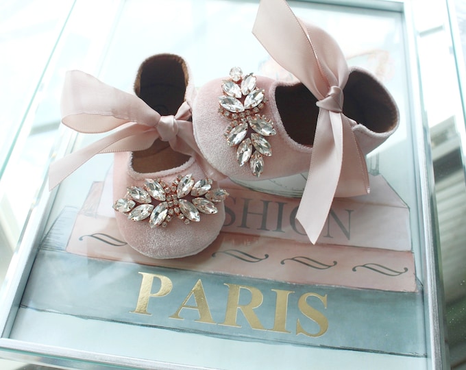 Dusty Pink Velvet Baby Shoes: Rose Gold Rhinestone Crib Shoes