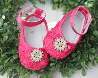 Hot pink rosette shoes..baby girl shoes..Hot pink shoes..satin shoes..luxury shoes..pearl shoes.