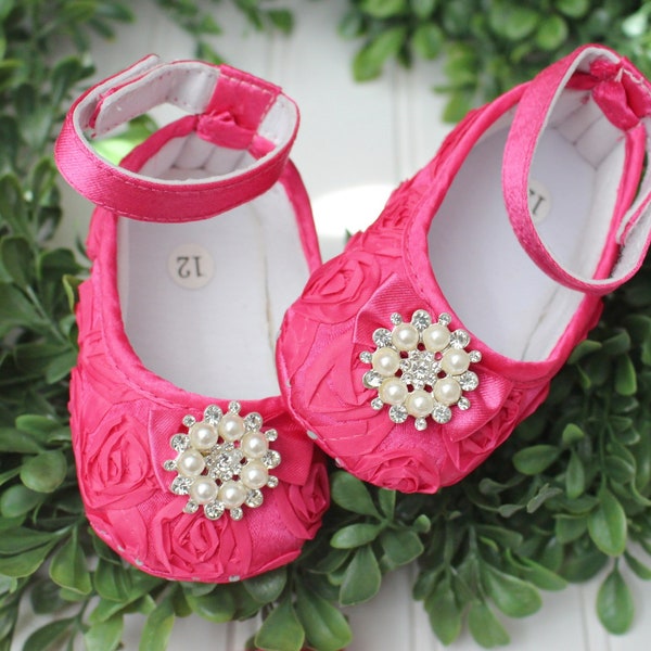 Hot pink rosette shoes..baby girl shoes..Hot pink shoes..satin shoes..luxury shoes..pearl shoes.