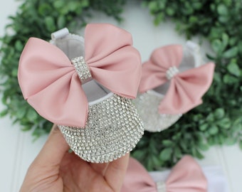 Chaussures bébé strass vieux rose avec bandeau, cadeau de baby shower