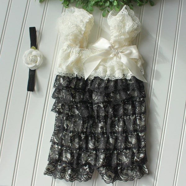 Peti romper..Black and white lace romper..baby girl romper..1st birthday outfit