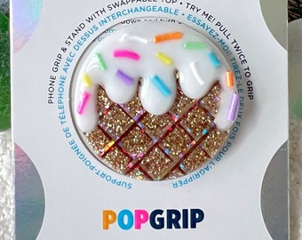 2.0 Vanilla Ice cream cone with sprinkles, Handmade/Customized, Swappable PopSocket, Clear Base PopSocket, PopGrip, Glitter PopSocket