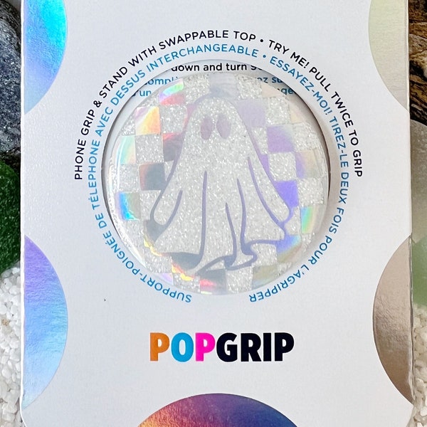 Holographic / White Glitter Ghost Swappable PopSocket, Handmade/Customized, Swappable PopSocket, Clear Base PopSocket, PopGrip