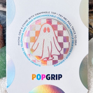 Pink Holographic Ghost/White Glitter, Handmade/Customized, Swappable PopSocket, Clear Base PopSocket, PopGrip, Glitter PopSocket