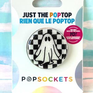 Black Ghost - White Glitter PopSocket: Customized - Swappable Top - Adhesive Base