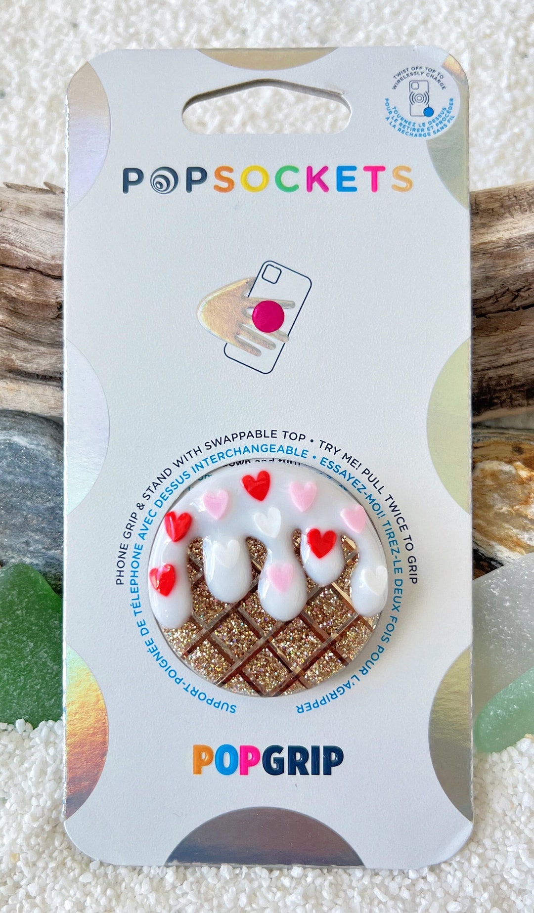 Vanilla Ice Cream Cone With Heart Sprinkles Swappable Popsocket, Clear