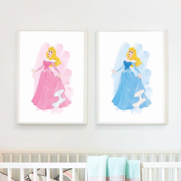 Aurora Disney Watercolor PRINTABLE ART, Pink Blue Sleeping Beauty Print, Movie Poster, Nursery Gift, Simple Disney Decor, Printable Wall Art