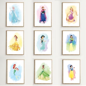 Conjunto de 9 princesas clásicas en acuarela, arte imprimible, arte de princesas, póster de película, póster de guardería, decoración sencilla para niñas, arte de pared