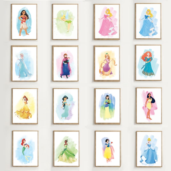 Set of 15 Classic Princesses Watercolor PRINTABLE ART, Princess Art, Movie Poster, Nursery Poster, Simple Girly Decor, Wall Art