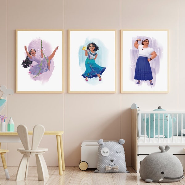 Set of 3 Encanto Watercolor PRINTABLE ART, Mirabel, Isabela, Luisa Art, Movie Poster, Nursery Poster, Simple Girly Decor, Wall Art