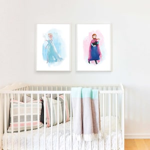 Anna Elsa Disney Acuarela ARTE IMPRIMIBLE, Disney Anna Elsa Print, Póster de película, Nursery Wall Art, Decoración simple de Disney, Regalo imprimible