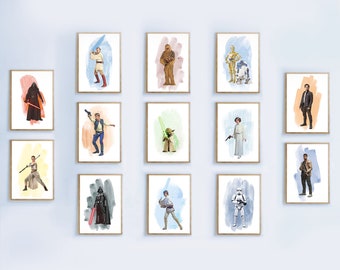 Ensemble de 13 aquarelles classiques Star Wars ART IMPRIMABLE, Art minimaliste Star Wars, Affiche de film, Pépinière, Trilogie originale, Star Wars Fan Art