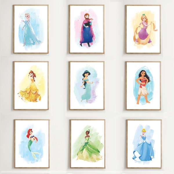 Set of 9 Classic Princesses Watercolor PRINTABLE ART, Princess Art, Movie Poster, Nursery Poster, Simple Girly Decor, Wall Art