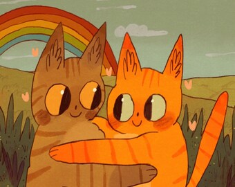 May include: Two cartoon cats, one orange and one brown, are hugging each other on a colourful patchwork quilt. They are both smiling and have big eyes. A rainbow is in the background.