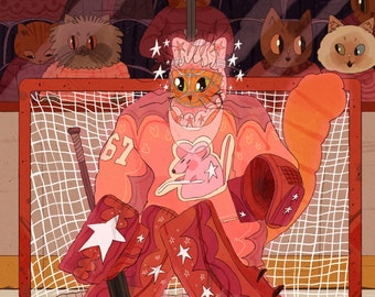 May include: A whimsical illustration of a cat as a hockey goalie. The cat wears pink and orange gear, including a mask and pads decorated with stars. The number 61 is on the jersey. Cat spectators are in the stands behind the net.