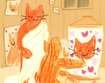 May include: Two orange cats, one sitting on a chair and the other standing, are painting a picture of a cat with hearts on a canvas. The cat on the chair is holding a paintbrush and is painting the cat on the canvas. There are other pictures of cats on the wall.