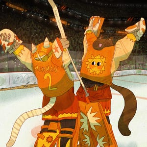 Puede incluir: Ilustración de dos gatos antropomórficos con equipamiento de hockey sobre una pista de hielo. Uno lleva una camiseta con "MEWMAN" y el número 2. La camiseta del otro gato presenta un sol sonriente. Ambos gatos levantan los brazos en señal de celebración.