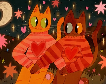 May include: Two cartoon cats wearing striped jumpers with hearts on them. The cats are surrounded by stars and hearts. The background is a dark blue night sky.