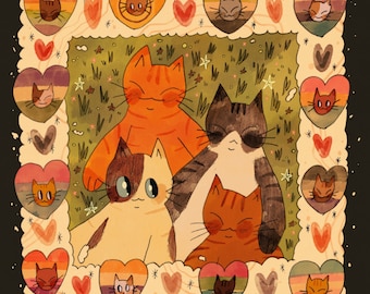 May include: A digital illustration of five cats within a heart-shaped frame. The cats are all different colours and have different expressions. The background is a dark brown with white stars.