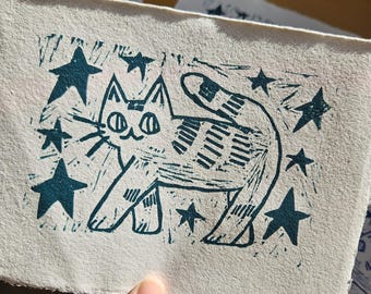 star kitty lino print - a5 hand printed lino